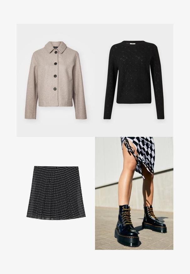 Beige uldblanding cropped jakke med krave, fem sorte knapper og sidelommer, der har et tekstureret stof.; Sort strikket sweater med diamantmønster, ribbet kant og lange ærmer. Fremstillet af let materiale med rund halsudskæring.; Sort nederdel med hvide prikker, der har plisseringer og en glat overflade. Den har en buet kant og et simpelt taljebånddesign.; Sorte læder platform støvler med chunky såler, guld snørebånd og orange syninger, kombineret med en ternet nederdel med en sideslids.