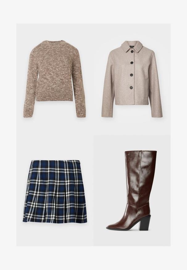 Veste courte en laine beige mélangée avec un col, cinq boutons noirs et poches latérales, à tissu texturé.; Pull en tricot marron avec un motif texturé, col rond et manches longues. Ourlet et poignets côtelés. Tissu doux et épais.; Jupe mini à carreaux avec des couleurs marine, noire et blanche. Dotée de plis et d'une texture lisse. Fermeture éclair sur le côté.; Botte haute en cuir marron foncé avec un bout pointu et un talon empilé, présentée de côté sur un fond uni.