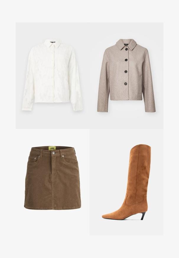 Chaqueta corta de mezcla de lana en color beige con cuello, cinco botones negros y bolsillos laterales, con una tela texturizada.; Camisa blanca de botones con un patrón floral texturizado, mangas largas, cuello y un único bolsillo en el pecho. Presenta un corte relajado.; Minifalda de pana marrón con botones y cremallera delanteros, trabillas para cinturón y bolsillos delanteros, con etiqueta amarilla JJXX en el interior de la pretina.; Bota hasta la rodilla de ante marrón con punta puntiaguda y tacón cónico bajo. Presenta una textura suave y un detalle sutil de costuras en el lateral.