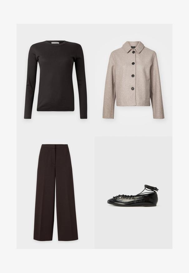 Beige uldblanding cropped jakke med krave, fem sorte knapper og sidelommer, der har et tekstureret stof.; Sort langærmet ribbet T-shirt med rund halsudskæring, lavet af blødt stof, med et enkelt design uden udsmykninger eller mønstre.; Mørkebrune bukser med vide ben, en tætsiddende talje og detalje med forreste søm, vist fladt på en ensfarvet baggrund.; Sorte balletflade sko i laklæder med rundet tå, snørelukning og flad sål. Glat tekstur med få detaljer.