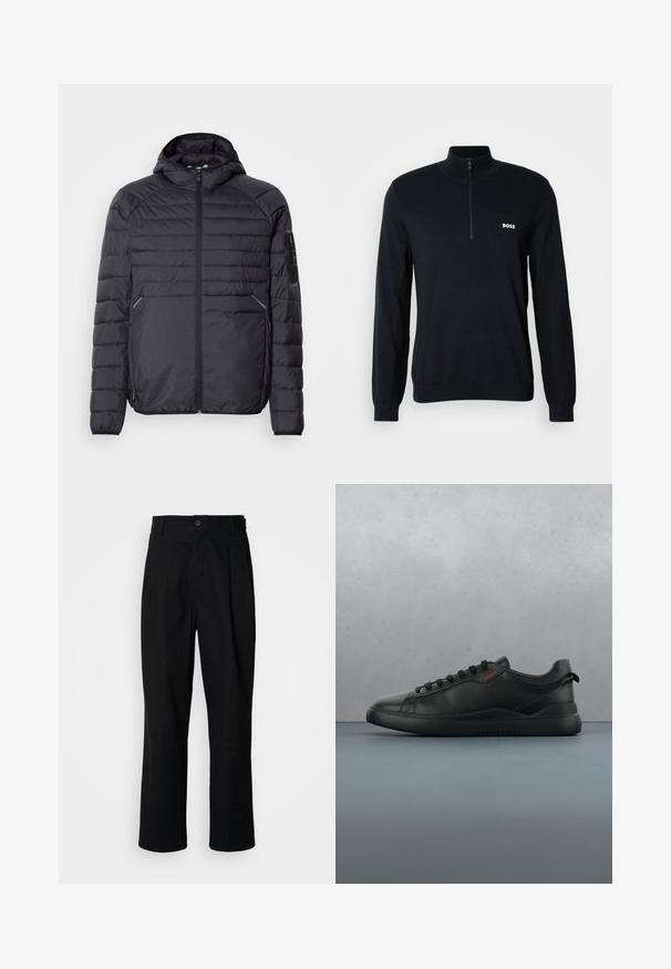 Sort oppustelig jakke med lynlås, hætte og ribbede manchetter. Har et paneldesign og sidelommer, lavet af letvægts syntetisk materiale.; Marineblå sweater med høj krave og halv lynlås. Materialet er blødt med en struktureret overflade. Har et lille hvidt "BOSS" logo på brystet.; Sorte lige ben bukser med en knaplukket talje, bæltestropper og en frontfold, præsenteret mod en ensfarvet hvid baggrund.; HUGO BLAKE - Sneakers - black