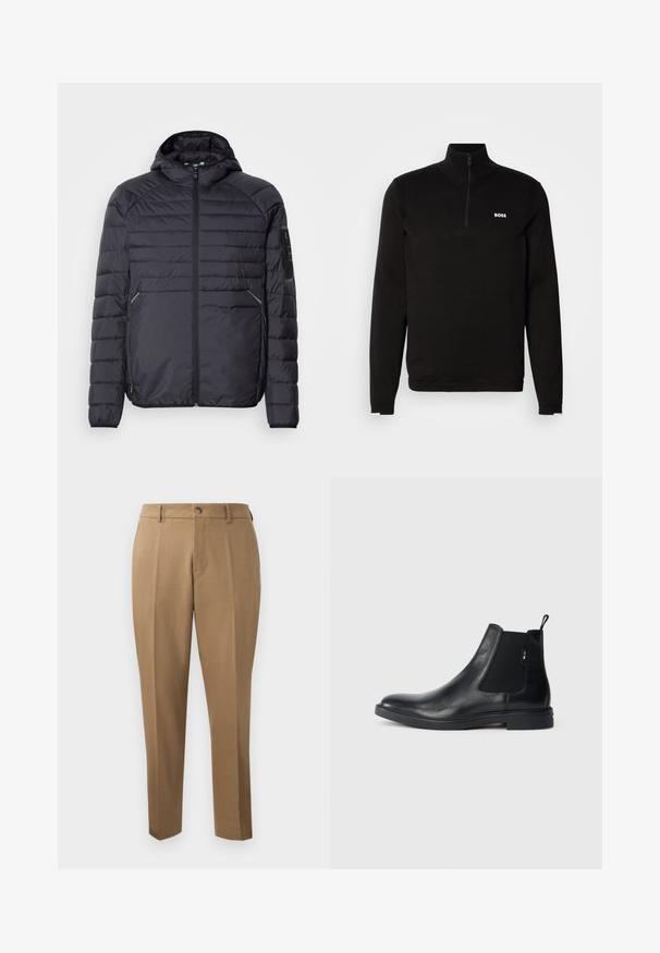 Sort oppustelig jakke med lynlås, hætte og ribbede manchetter. Har et paneldesign og sidelommer, lavet af letvægts syntetisk materiale.; Sort halv-zip trøje lavet af et blødt strikket materiale. Har en høj krave, lange ærmer og et hvidt BOSS-logo på brystet.; Brune skræddersyede bukser med lige snit, enkelt plissé, bæltestropper og frontknaplukning. Glat stof med en mat overflade.; Sorte læder Chelsea støvler med elastiske sidepaneler, en pull-tab og en flad gummisål. Glat tekstur med minimal detaljer.