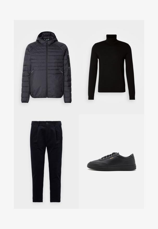Sort oppustelig jakke med lynlås, hætte og ribbede manchetter. Har et paneldesign og sidelommer, lavet af letvægts syntetisk materiale.; Sort turtleneck sweater lavet af et fint strikket stof, der har lange ærmer og en tætsiddende silhuet. Glat tekstur med ribbede manchetter.; Mørkeblå bukser lavet af tekstureret stof, med knaplukning, folder og elastisk talje for komfort. Lige ben design.; Sorte lædersneakers med en glat overflade, rund tå, flad gummisål og tonede snørebånd. Udstyret med guld "BOSS" branding på siden.