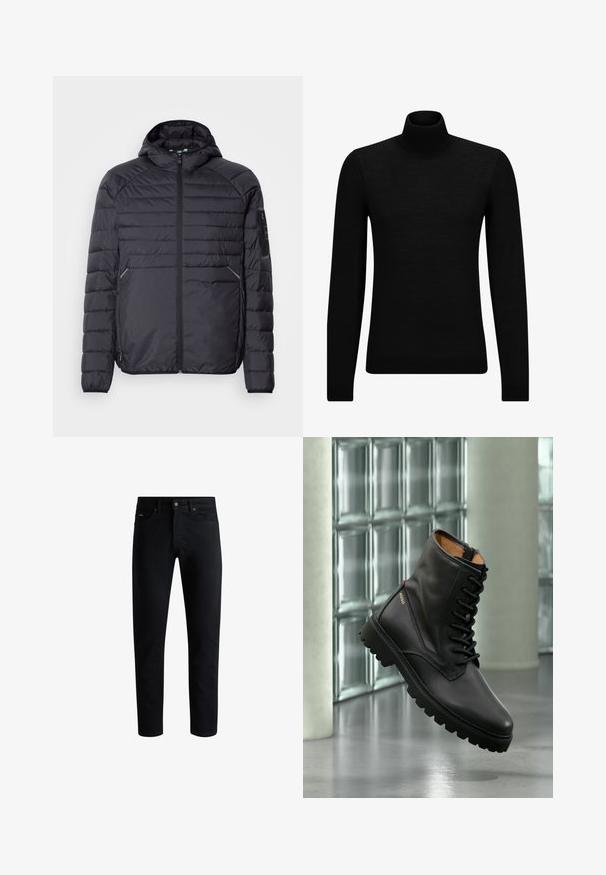 Sort oppustelig jakke med lynlås, hætte og ribbede manchetter. Har et paneldesign og sidelommer, lavet af letvægts syntetisk materiale.; Sort turtleneck sweater lavet af blødt materiale, med lange ærmer og en tætsiddende pasform. Ribbet trim ved kanten og manchetter. Simpelt design.; Sorte slim-fit jeans med fem lommer, knaplukning og bæltestropper, præsenteret mod en hvid baggrund.; Sort læder snørestøvle i kampstil med tyk sål, guld "HUGO" logo på siden, vist i moderne indendørs miljø med glasblokvæg i baggrunden.