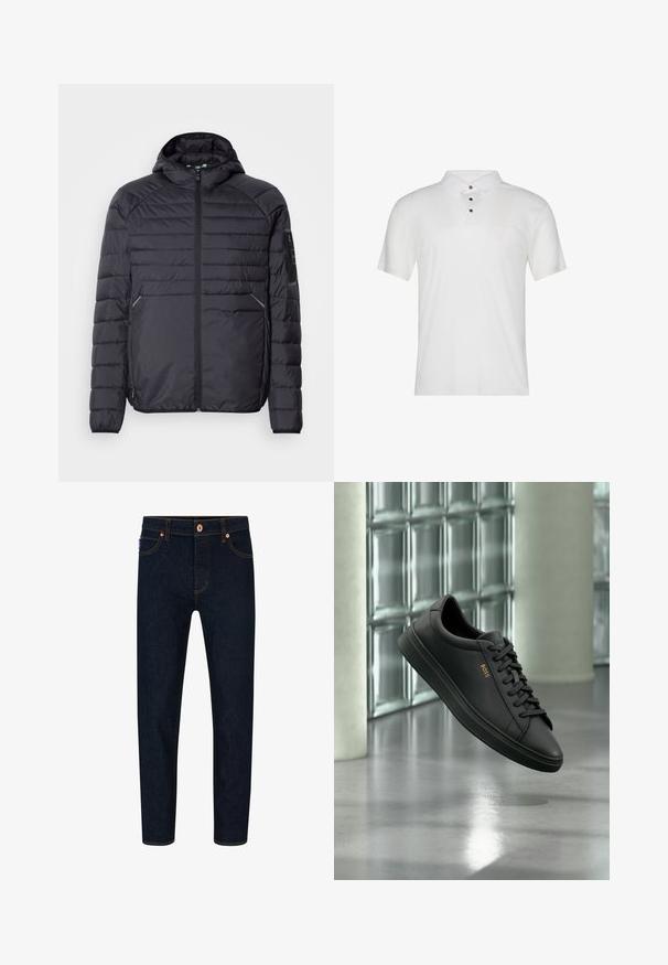 Zwarte pufferjack met ritssluiting, capuchon en geribbelde mouwen. Heeft een gestreept ontwerp en zijzakken, gemaakt van lichtgewicht synthetisch materiaal.; Wit poloshirt van katoen met korte mouwen, een kraag en drie zwarte knopen aan de voorkant. Soepele textuur met minimale branding.; Donkerblauwe denim jeans met een slim fit, contrasterende oranje stiksels en een klassieke knoopsluiting. Voorzien van voorkruiden en taps toelopende benen.; Zwarte lage leren sneaker met zwarte veters en gouden BOSS-logo aan de zijkant, zwevend boven glanzende grijze vloer in een moderne binnenruimte.