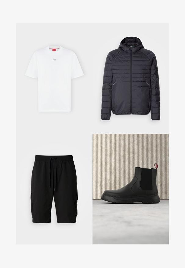 Sort oppustelig jakke med lynlås, hætte og ribbede manchetter. Har et paneldesign og sidelommer, lavet af letvægts syntetisk materiale.; Hvid T-shirt med korte ærmer med lille sort "HUGO" logo centreret på brystet og et rødt mærke inde i kraven.; Sorte cargo shorts lavet af letvægtsstof, med elastisk talje, snor og sidelommer til ekstra opbevaring.; Sort ankelstøvle med en glat overflade, elastiske sidepaneler og en kontrasterende rød træksløjfe, der har en tyk gummisål og rund tå.