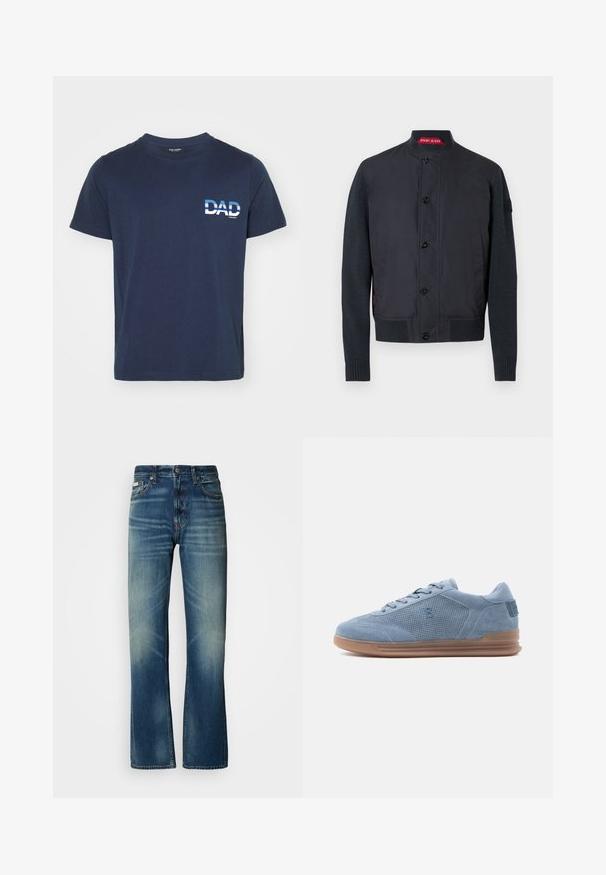 Zwarte bomberjack met een mix van gladde stof en textuurrijke gebreide mouwen, voorzien van een opstaande kraag en zes knoopsluitingen.; Marineblauwe katoenen T-shirt met korte mouwen. Heeft een witte grafische tekst "DAD" aan de linkerkant, in een vet lettertype. Eenvoudig en casual ontwerp.; Blauwe denim jeans met een rechte pasvorm, medium wassing, vervaagde details, vijf zakken en een knoopsluiting. Duidelijke stiknaad langs de naden.; Lichtblauwe suède sneaker met geperforeerde zijkant, rubberen zool, veters en een klein opgedrukt logo op een witte achtergrond.