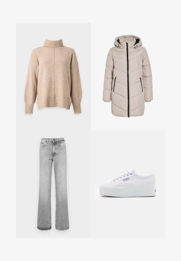 Manteau matelassé beige clair avec une capuche, présentant un design en chevrons, une fermeture éclair noire et deux poches latérales. Le tissu a une texture lisse.; Pull beige à col roulé en maille, manches longues, poignets côtelés, ourlet et une couture verticale centrale à l'avant.; Jeans droits délavés gris clair avec poches avant, passants de ceinture et une fermeture à bouton et à fermeture éclair.; Baskets en toile blanches avec une épaisse semelle plateforme blanche, bout rond et œillets en métal pour les lacets. Logo de la marque affiché sur le côté.