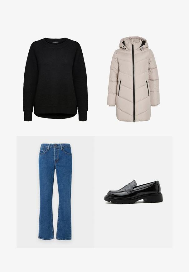 Hellbeige gepolsterter Mantel mit Kapuze, der ein Zickzack-Muster aufweist, einen schwarzen Reißverschluss hat und zwei Seitentaschen bietet. Der Stoff hat eine glatte Textur.; Schwarzer Langarm-Strickpullover mit rundem Ausschnitt und gerippten Bündchen, entworfen für Frauen, von der Marke Selected Femme.; Helle blaue Jeans aus Denim mit geradem Schnitt, Fünf-Taschen-Design und genähten Details. Der Stoff hat eine strukturierte Oberfläche mit leichter Ausbleichung.; Schwarzer glänzender Lederloafer mit grober Profilsohle und Pennyriemen, im Seitenprofil auf weißem Hintergrund gezeigt.