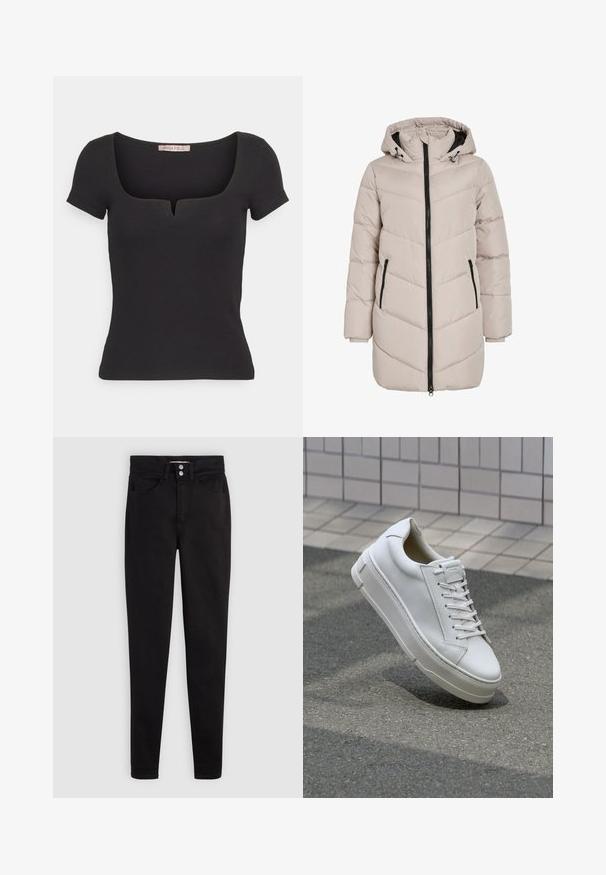 Lys beige polstret jakke med hætte, der har en chevron-design, sort lynlåslukning og to sidelommer. Stoffet har en glat tekstur.; Sort kortærmet top lavet af ribbet materiale, med en firkantet halsudskæring og en lille udskæring. Enkel, tætsiddende design.; Sorte jeans i bomuld med et slankt fit, der har lukning med knapper, fem-lomme design og subtile syningsdetaljer.; Hvide lædersneakers med lavt design, flade snører, rund tå og strukturerede sider. Tyk gummisål med diskrete detaljer.