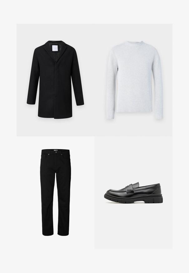 Must have jope mustriga nööriga, pika varrukaga ja sirge lõikega. Tänu minimalistlikule disainile ei ole nähtavaid kinnitusi.; Helehall helesinine soonikkoega kampsun, millel on ümar kaelus, soonikkoes varrukasääred ja alumine äär, esitatud valgel taustal.; Mustad sirgete säärega teksapüksid nööp- ja lukukinnitusega, vööaasade ja esikülje ning tagataskutega, esitatud ühevärvilise valge taustaga.; Musthave nahkast suss, millel on lai rihm üle vöö, kummitald paksude mustritega ning sile tekstuur. Klassikaline, elegantne disain.