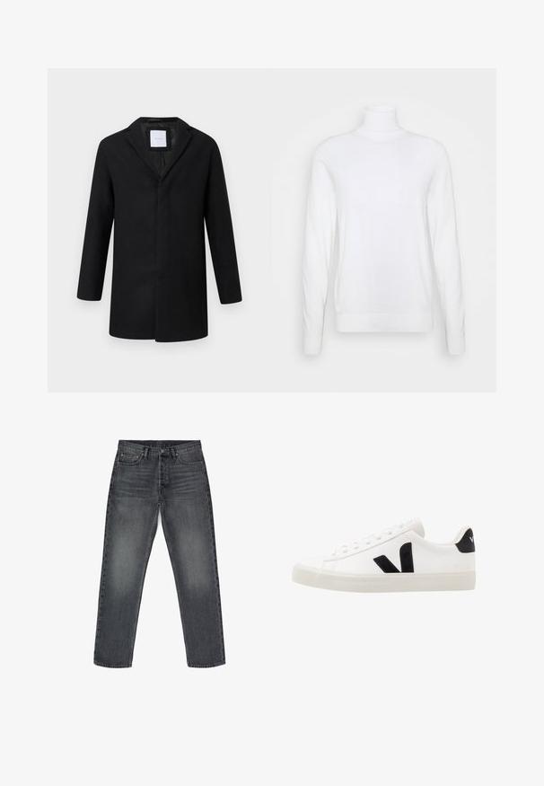 Schwarzer Wollmischmantel mit Reverskragen, langen Ärmeln und geradem Schnitt. Minimalistisches Design ohne sichtbare Hardware.; Weißer Rollkragenpullover mit langen Ärmeln, aus glattem Stoff gefertigt. Verfügt über eine taillierte Passform sowie gerippte Bündchen und Saum. Keine Muster oder Akzente.; Graue Jeans aus Denim mit geradem Schnitt, fünf Taschen, Knopfverschluss und dezentem Verblassen. Verstärkte Nähte und Kupferakzente.; Weiße Leder-Sneaker mit schwarzen Wildlederelementen; verfügen über eine Gummisohle, eine runde Spitze und ein klassisches Schnürdesign. Seitliches Logo in Schwarz.