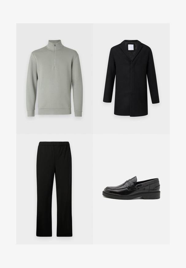 Abrigo de mezcla de lana negro con solapa muesca, mangas largas y corte recto. Presenta un diseño minimalista y sin herrajes visibles.; Sudadera gris claro con cuello alto y media cremallera. Tejido suave, mangas largas y dobladillo recto. Sin patrones ni acentos adicionales.; Pantalones negros de cintura elástica con un diseño de pierna recta. Hechos de tela suave, sin patrones ni adornos visibles.; Mocasines de cuero negro con un acabado suave, punta redondeada, tacón bajo y costura decorativa en la parte delantera. Suela de goma para mayor agarre.