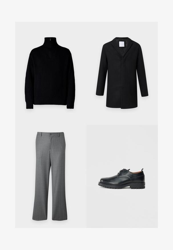 Abrigo de mezcla de lana negro con solapa muesca, mangas largas y corte recto. Presenta un diseño minimalista y sin herrajes visibles.; Suéter negro de cuello alto de canalé con media cremallera en el cuello, presenta mangas largas y un ajuste relajado. La textura es suave y gruesa.; Pantalones de rayas grises con un ajuste relajado, que presentan un cierre de botón, pasadores para cinturón y sutiles rayas azul claro en toda su superficie.; Zapatos derby de cuero negro con una textura suave, punta redondeada, diseño de cordones y una suela de goma gruesa y resistente.