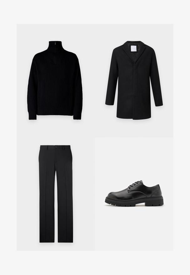Sort uldblandingsjakke med slagkrave, lange ærmer og lige pasform. Har et minimalistisk design uden synlige metaldele.; Sort ribbet turtleneck sweater med en halvmåne lynlås ved kraven, der har lange ærmer og en afslappet pasform. Teksturen er blød og chunky.; Sorte, skræddersyede bukser med lige ben, glat stof, pressefolder foran og en enkelt knaplukning i taljen.; Sorte lædersko med rund tå, snørelukning og en tykk, struktureret gummisål. Har syninger langs kanten og en glat overflade.