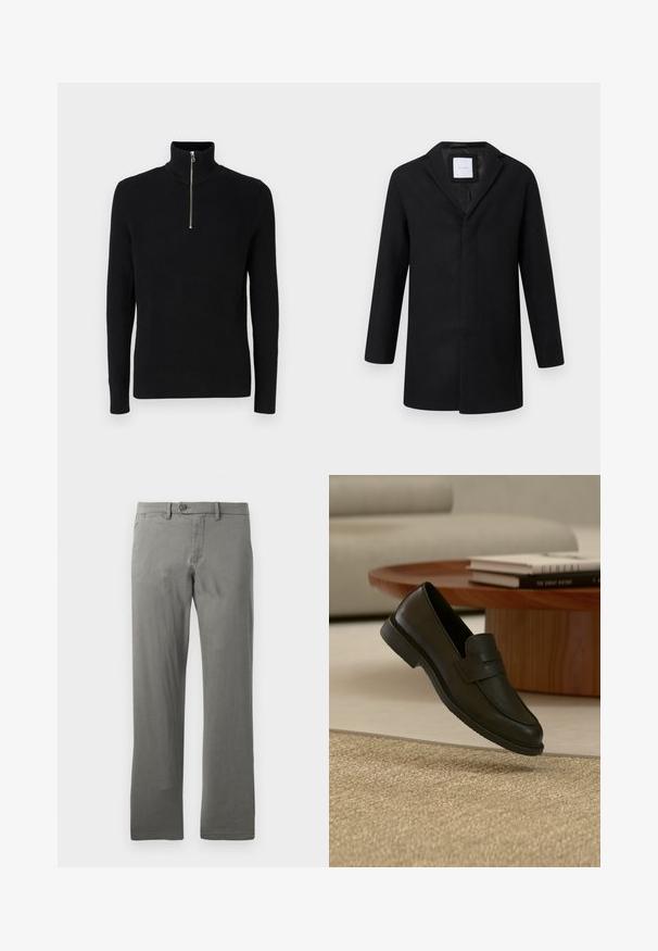 Manteau en laine mélangée noir avec revers crantés, manches longues et coupe droite. Présente un design minimaliste sans quincaillerie visible.; Pull en col roulé noir à côtes avec un design à zip quart et des manches longues. Fabriqué en tissu texturé, avec un motif à côtes verticales.; Pantalon gris à coupe droite en tissu tissé, doté d'une fermeture à un bouton et de poches latérales, avec une texture lisse.; Chaussure mocassin en cuir noir présentée en suspension au-dessus d'un tapis beige tissé, avec une table en bois et des livres empilés dans un salon doucement éclairé.