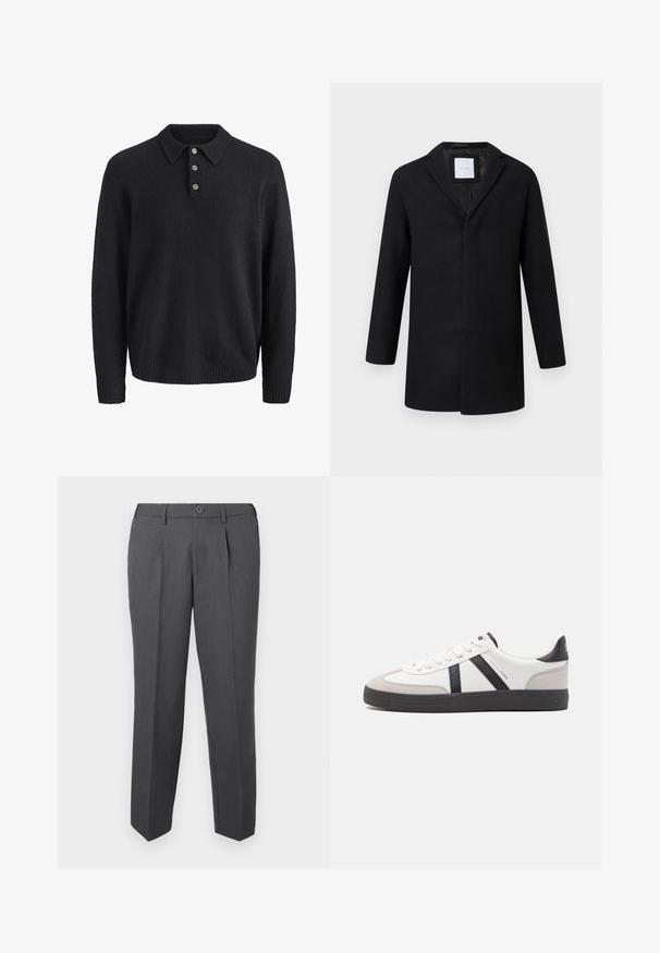 Manteau en laine mélangée noir avec revers crantés, manches longues et coupe droite. Présente un design minimaliste sans quincaillerie visible.; Pull en tricot bleu marine foncé à manches longues avec un col et trois boutons sur la patte de boutonnage avant.; Pantalon formel gris foncé avec plis, passants de ceinture, fermeture à bouton et jambes droites, présenté sur un fond blanc uni.; Baskets blanches avec des accents noirs et gris, présentant un embout texturé gris, une semelle en caoutchouc noir et des lacets plats blancs. Design épuré, style minimaliste.