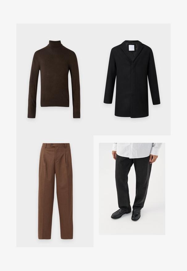 Sort uldblandingsjakke med slagkrave, lange ærmer og lige pasform. Har et minimalistisk design uden synlige metaldele.; Brun rullekravesweater med lange ærmer, lavet af et glat strikket stof. Har et tætsiddende design og ribbede manchetter og krave.; Brune skræddersyede bukser med lige pasform, synlige folder, forlommer og en enkelt knaplukning i taljen. Glat tekstur.; Sorte denimbukser parret med skinnende sorte loafers. Skjorten er hvid med tynde lodrette striber, har lange ærmer og en knapkrave.