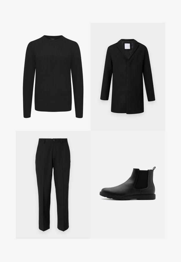 Abrigo de mezcla de lana negro con solapa muesca, mangas largas y corte recto. Presenta un diseño minimalista y sin herrajes visibles.; Suéter negro de punto con cuello redondo, que presenta un panel superior texturizado y puños y dobladillo acanalados. Hecho de una tela suave y cálida.; Pantalones negros de tela suave, con un diseño de pierna recta, bolsillos delanteros, un cierre de botón y sin patrones visibles.; Botín Chelsea negro de cuero con paneles laterales elásticos, una tira de agarre y una suela de goma duradera. Textura suave y diseño aerodinámico.