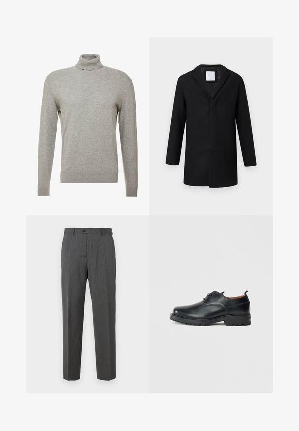 Black wool blend coat with a notched lapel, long sleeves, and a straight cut. Features minimalistic design and no visible hardware.; Gray pullover sweater with a high neck and long sleeves. Made from a smooth, soft material with a fitted design and ribbed accents at the hem.; Charcoal gray men's dress pants with subtle pinstripes, button closure, belt loops, and straight-leg design against a white background.; Black leather derby shoes with a smooth texture, rounded toe, lace-up design, and a thick, rugged rubber sole.