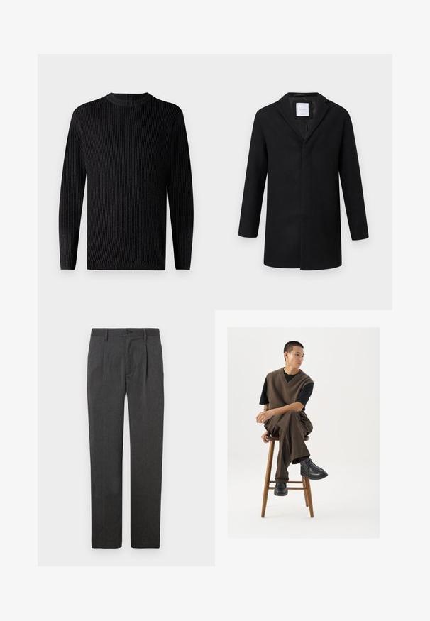 Sort uldblandingsjakke med slagkrave, lange ærmer og lige pasform. Har et minimalistisk design uden synlige metaldele.; Sort ribbet striktrøje med lange ærmer og rund halsudskæring. Har et tekstureret stof og en lige kant.; Grå skræddersyede bukser med lige ben, der har en frontfold, lynlås og knaplukning. Glat tekstur, klassisk design.; Brun strikket vest over en sort t-shirt, parret med brune vidde bukser og sorte chunky sko, siddende på en træstub.