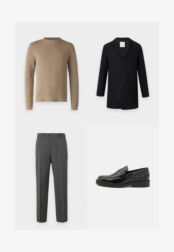 Abrigo de mezcla de lana negro con solapa muesca, mangas largas y corte recto. Presenta un diseño minimalista y sin herrajes visibles.; Suéter de punto beige con cuello redondo, puños y dobladillo acanalados, y tejido texturizado, que presenta un color sólido sin patrones ni acentos.; Pantalones de vestir para hombre en gris carbón con sutiles rayas, cierre de botón, trabillas para cinturón y diseño de pierna recta, sobre un fondo blanco.; Mocasines de cuero negro con un acabado suave, punta redondeada, tacón bajo y costura decorativa en la parte delantera. Suela de goma para mayor agarre.
