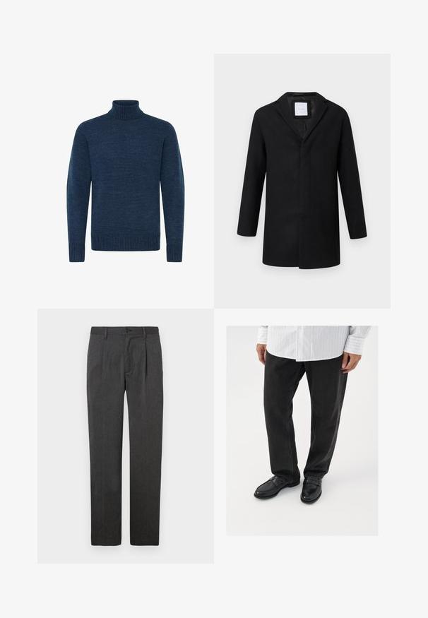 Manteau en laine mélangée noir avec revers crantés, manches longues et coupe droite. Présente un design minimaliste sans quincaillerie visible.; Pull en col roulé bleu marine en tissu texturé, avec des manches longues et des accents côtelés au col et à l'ourlet.; Pantalons gris sur mesure avec une coupe droite, dotés d'un pli avant, d'une fermeture éclair et d'un bouton. Texture lisse, design classique.; Pantalons en denim noir associés à des mocassins noirs brillants. La chemise est blanche avec de fines rayures verticales, avec des manches longues et un col boutonné.