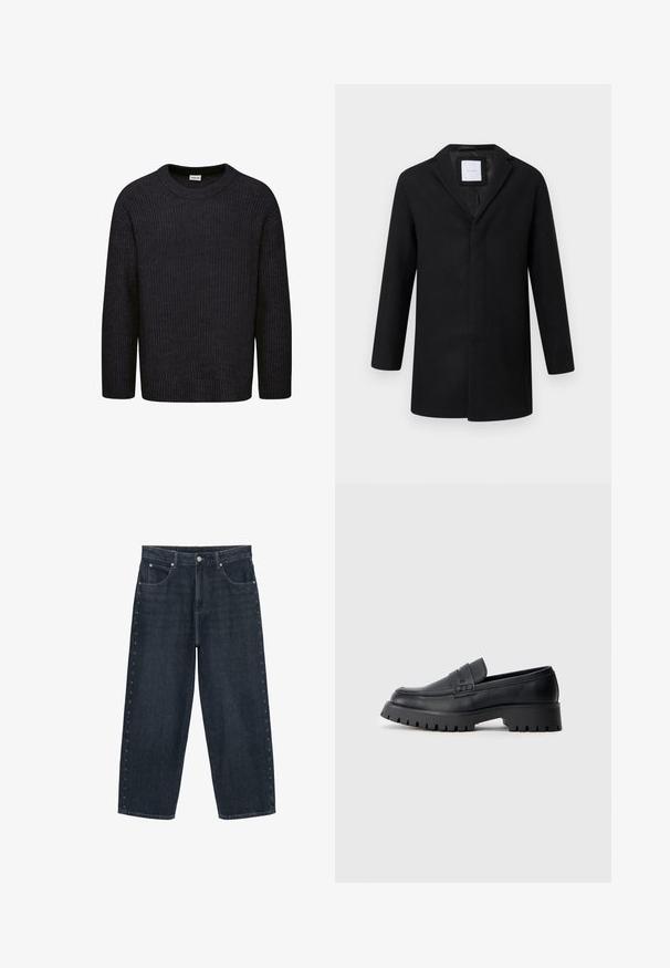 Manteau en laine mélangée noir avec revers crantés, manches longues et coupe droite. Présente un design minimaliste sans quincaillerie visible.; Pull en tricot gris foncé avec une texture côtelée, col rond et manches longues. Design simple sans motifs ni accents visibles.; Jean large à jambes larges bleu foncé avec poches avant, fermeture à boutons, et petites décorations en forme d'étoiles le long des coutures extérieures des deux jambes.; Mocassins en cuir noir avec un bout arrondi, présentant une sangle décorative et une semelle en caoutchouc épaisse avec de profonds crampons pour une meilleure adhérence.