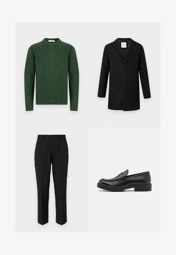 Abrigo de mezcla de lana negro con solapa muesca, mangas largas y corte recto. Presenta un diseño minimalista y sin herrajes visibles.; Suéter verde de punto con escote redondo, mangas largas y una tela texturizada. Diseño simple, sin patrones ni acentos visibles.; Pantalones negros de tela suave, con un diseño de pierna recta, bolsillos delanteros, un cierre de botón y sin patrones visibles.; Mocasines de cuero negro con punta redondeada, diseño sin cordones y suela de goma gruesa con agarre texturizado. Tacón elevado y detalles de costura sutiles.