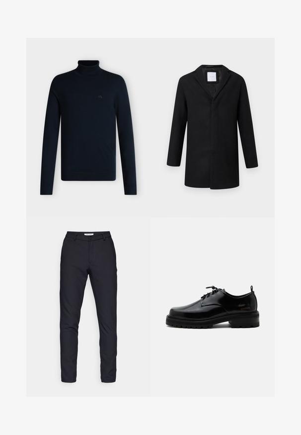 Manteau en laine mélangée noir avec revers crantés, manches longues et coupe droite. Présente un design minimaliste sans quincaillerie visible.; Pull noir à col roulé manches longues avec col, poignets et ourlet côtelés, présenté sur un fond blanc uni.; Pantalon noir en tissu uni, avec une fermeture éclair, un bouton, des passants de ceinture, et des jambes droites sans motifs ni textures visibles.; Chaussure en cuir noir poli à lacets, semelle en caoutchouc épaisse et talon bas, texte de marque "SAMSOE" sur le côté et languette arrière.