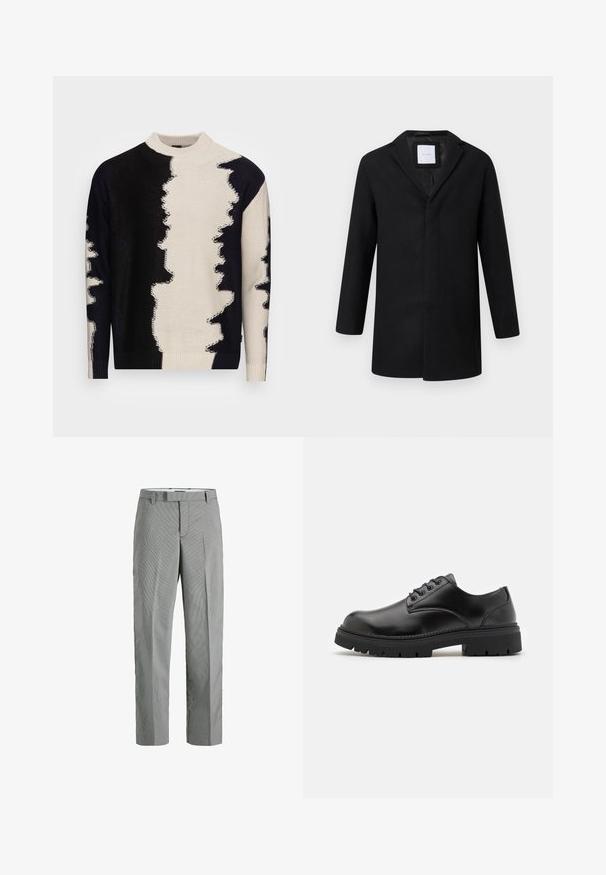 Sort uldblandingsjakke med slagkrave, lange ærmer og lige pasform. Har et minimalistisk design uden synlige metaldele.; Strikket sweater med høj krave, dristigt sort-hvidt abstrakt mønster, tekstureret stof samt ribbede manchetter og kant.; Grå- og hvidternede bukser med lige ben-design, som har flad front, bæltestropper og skjulte sidelommer.; Sorte lædersko med rund tå, snørelukning og en tykk, struktureret gummisål. Har syninger langs kanten og en glat overflade.
