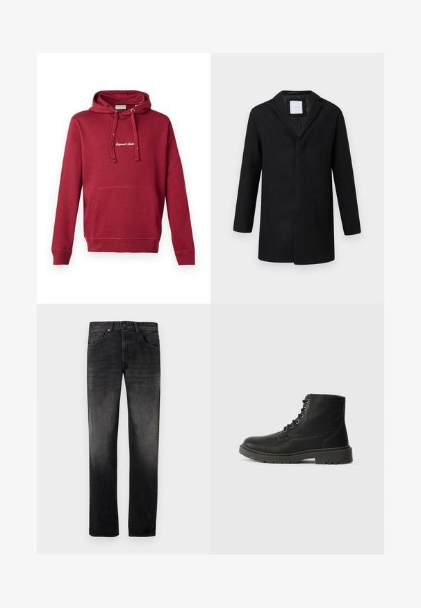 Sort uldblandingsjakke med slagkrave, lange ærmer og lige pasform. Har et minimalistisk design uden synlige metaldele.; Rød bomulds hoodie med en frontlomme, snor i hætten, ribbede manchetter og broderet "Originals Studio" logo på brystet.; Sorte denimjeans med en falmet vask, lige ben, fem-lomme-design og lukning med metalknap. Glat tekstur med subtile detaljer.; Sort læder ankelstøvle med snørebånd, tyk gummisål, tekstureret overflade og forstærket syning. Har minimalistisk branding.