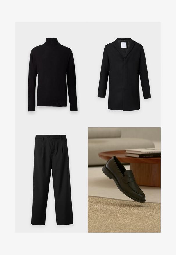 Manteau en laine mélangée noir avec revers crantés, manches longues et coupe droite. Présente un design minimaliste sans quincaillerie visible.; Pull noir en maille à col roulé avec manches longues, poignets, ourlet et col côtelés, présenté sur un fond gris clair.; Pantalons noirs à coupe droite, avec une fermeture à un bouton, deux poches avant et une texture de tissu lisse et léger.; Chaussure mocassin en cuir noir présentée en suspension au-dessus d'un tapis beige tissé, avec une table en bois et des livres empilés dans un salon doucement éclairé.