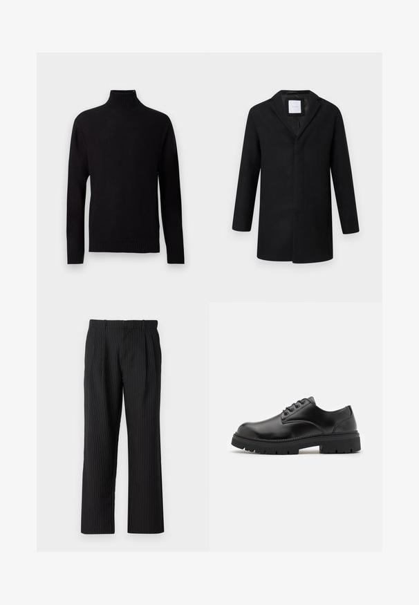 Sort uldblandingsjakke med slagkrave, lange ærmer og lige pasform. Har et minimalistisk design uden synlige metaldele.; Sort strikket langærmet rullekrave sweater med ribstrikkede manchetter, kant og hals, vist på en lys grå baggrund.; Jack & Jones JPSTBILL JJDAYTONA WIDE CHINO - Chino - black; Sorte lædersko med rund tå, snørelukning og en tykk, struktureret gummisål. Har syninger langs kanten og en glat overflade.