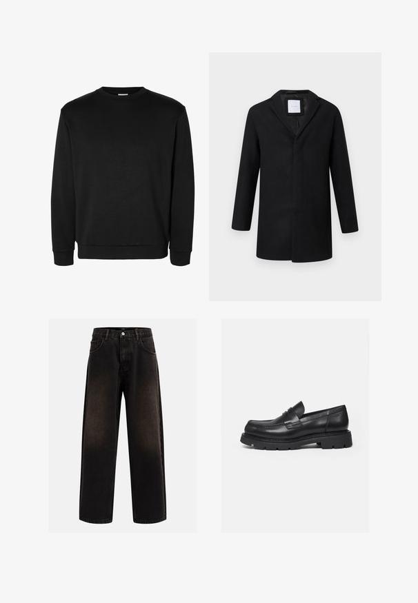 Abrigo de mezcla de lana negro con solapa muesca, mangas largas y corte recto. Presenta un diseño minimalista y sin herrajes visibles.; Sudadera negra de manga larga con cuello redondo, puños y bajo acanalados, diseño sencillo y sin logotipos ni estampados visibles.; Jeans de mezclilla negra con un corte relajado, con pasadores para cinturón, diseño de cinco bolsillos y cierre de botón. Tejido texturizado con un leve desgaste.; Mocasín negro de cuero con suela gruesa y acanalada y detalle de tira para moneda, mostrado en perfil lateral derecho sobre fondo blanco.