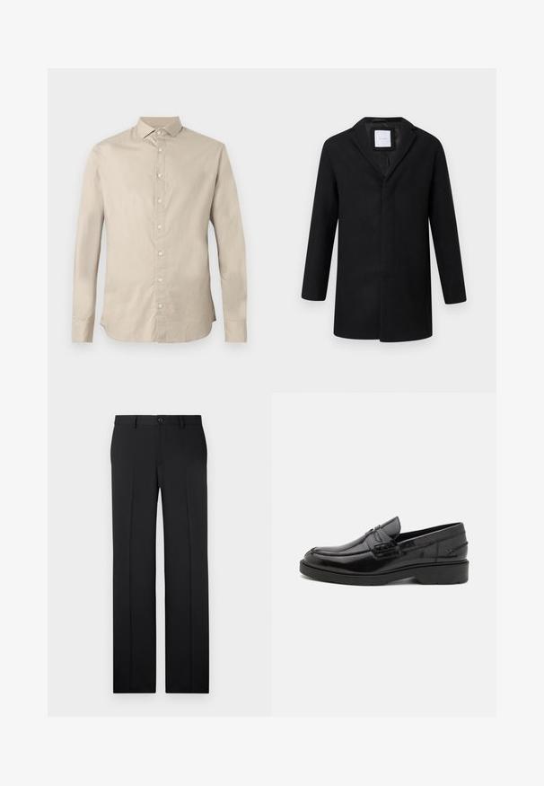 Manteau en laine mélangée noir avec revers crantés, manches longues et coupe droite. Présente un design minimaliste sans quincaillerie visible.; Chemise beige à manches longues en coton, coupe droite, col à boutons et fermeture boutonnée à l'avant. Texture lisse sans motifs.; Pantalons noirs ajustés avec une coupe droite, en tissu lisse, avec des plis avant et une fermeture à bouton unique à la taille.; Mocassins en cuir noir avec une finition lisse, un bout rond, un petit talon et descoutures décoratives à l'avant. Semelle en caoutchouc pour l'adhérence.