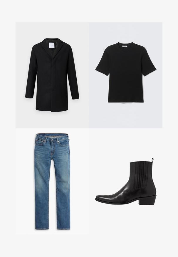 Sort uldblandingsjakke med slagkrave, lange ærmer og lige pasform. Har et minimalistisk design uden synlige metaldele.; Sort kortærmet T-shirt med rund hals og "WEEKDAY" mærke på indersiden af kraven, vist fladt på en lys baggrund.; Blå straight-leg denim jeans med frontknap og lynlåslukning, fem-lomme design og subtilt falmede områder på lår og knæ.; Sort læder ankelstøvle med spids tå, elastiske sidepaneler, lodrette stikninger og en lav blokhæl.