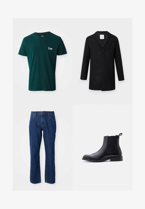Sort uldblandingsjakke med slagkrave, lange ærmer og lige pasform. Har et minimalistisk design uden synlige metaldele.; Mørkegrøn t-shirt i bomuld med rund halsudskæring, korte ærmer og et hvidt broderet "Lee" logo på venstre bryst.; Mørkeblå lige-fit denim jeans med for- og baglommer, bæltestropper og knaplukning i taljen.; Sort læder Chelsea-støvle med elastisk sidepanel, trækflig ved hælen, lav blokhæl og glat, rundet tå på hvid baggrund.