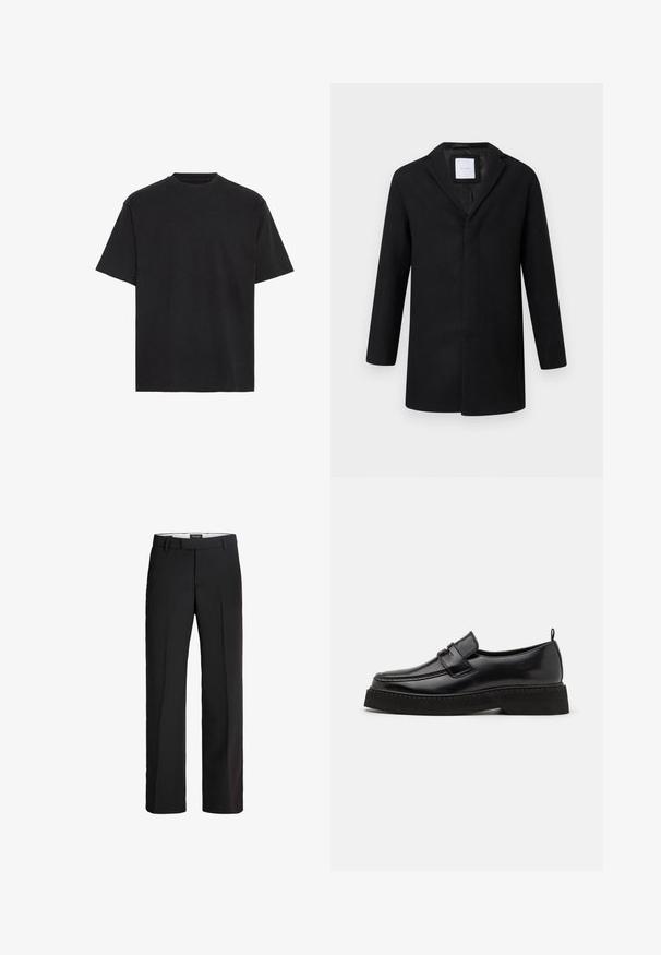 Manteau en laine mélangée noir avec revers crantés, manches longues et coupe droite. Présente un design minimaliste sans quincaillerie visible.; T-shirt en coton noir, manches courtes, col rond, léger, coupe ample, texture lisse, sans motifs ni accents visibles.; Pantalon noir avec une coupe ajustée ; présente un devant lisse, deux poches latérales et une texture douce ; fabriqué à partir d'un matériau léger et respirant.; Chaussures en cuir noir de style mocassin avec une semelle plate et texturée, présentant un bout piqué et une sangle traversant le cou-de-pied.