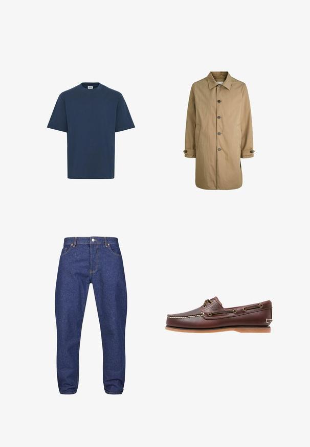 Khaki trenchcoat, met een knoopsluiting aan de voorkant, zijzakken en een klassieke kraag. Gemaakt van een lichtgewicht, textuurstof.; Marineblauwe katoenen t-shirt met een ronde hals, korte mouwen en een rechte zoom. Beschikt over een klein merkje aan de onderkant aan de linkerzijde.; Donkerblauwe denim jeans met een rechte pijpdesign, voorzien van een sluiting met een voorste knop, vijf zakken en contrasterende gouden stiksels.; Bruine leren bootschoen met witte stiksels, veterdetails en beige rubberen zool, zijaanzicht op een witte achtergrond.