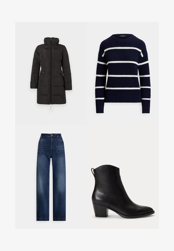 Manteau d'hiver matelassé noir jusqu'aux genoux avec col montant, manches longues et fermeture éclair frontale, avec poches latérales zippées.; Pull en maille bleu marine avec des rayures blanches horizontales, texture côtelée, encolure ronde et épaules tombantes.; Jeans en denim bleu foncé à taille haute, jambes droites, avec poches plaquées à l'avant, passants pour ceinture et fermeture par boutons.; Bottine noire en cuir avec un petit talon bloc, un bout arrondi et une languette à l'arrière sur fond blanc uni.