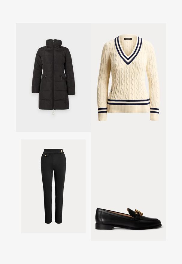 Sort, knælængde quiltet vinterjakke med høj krave, lange ærmer og lynlåslukning foran med lynlåslommer i siderne.; Kremfarvet strikket sweater med kabelmønster, med navy og hvide stribede V-hals, manchetter og kant, med lange ærmer og et lille broderet logo nær taljen.; Sorte slim-fit bukser med høj talje, dekorative guldknapper på taljen og en lille klaplomme på højre side.; Sort læderloafer med lav hæl og guldfarvet metalspænde på toppen, vist fra siden på hvid baggrund.