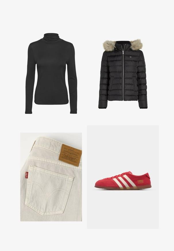 Zwarte pufferjas met horizontale gestikte design, ritssluiting, twee zijzakken en een afneembare bontvoering capuchon. Zachte textuur.; Zwarte lange mouw turtleneck shirt gemaakt van glad, rekbaar materiaal. Heeft een aansluitend ontwerp en een klassieke hoge kraag.; Achterzak van lichtgekleurde Levi's spijkerbroek met zichtbare stiksels, rode Levi's label en bruine leren Levi Strauss & Co. merklabel.; Rode suède sneakers met wit drie-streepdesign, platte zool en gouden logo-detail. Laag uitgesneden ontwerp met ronde neus en vetersluiting.