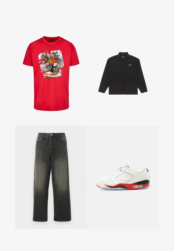 Sort knap-up jakke med krave, to forlommer og et lille logo detaljer. Lavet af holdbart stof, har en struktureret form og lange ærmer.; Rød bomulds T-shirt med et grafisk motiv af en basketball, en sneaker og teksten "ARBEJD HÅRD DRØM STORT." Designet indeholder sorte og orange detaljer.; Sorte denim jeans med afslappet pasform, med høj talje, sølv hardware og en falmet tekstur med subtile folder. Lige ben uden udsmykning.; Hvid low-top sneaker med rød og sort mellemsål, perforeret sidelåg, synlig luftpude og gennemsigtig ydersål på lys baggrund.