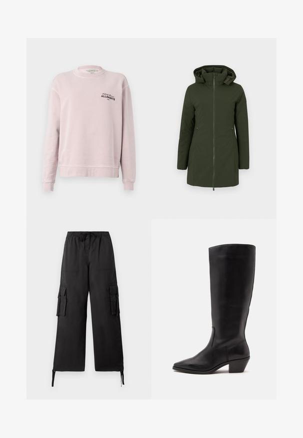 Donkergroene lange winterjas met capuchon, voorrits en twee ritssluitingen aan de zijkanten, ontworpen voor koud weer.; Lichtroze long-sleeve sweater met ronde hals, geribbelde manchetten en zwarte tekst "Infinite Summer ALLSAINTS London" op de linkerborst.; Tommy Jeans ELASTICATED PANT - Cargobroek - black; Zwarte leren laars tot half op de kuit met een puntige neus en een lage schuine hak op een effen lichte achtergrond.