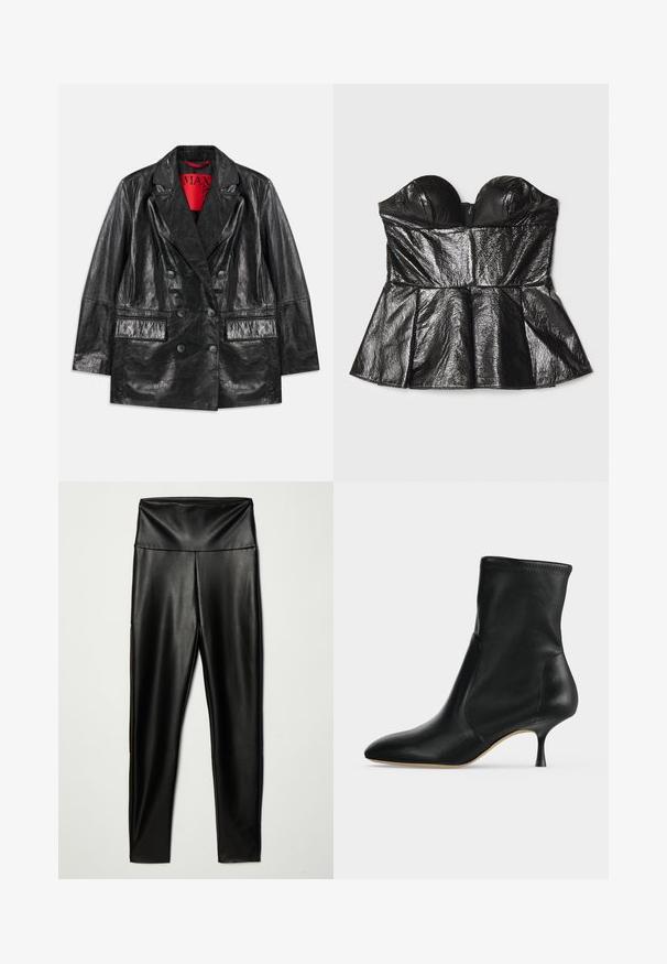 Zwarte faux leren doublé blazer met gelapte revers, twee voorzakken en een gladde, glanzende textuur. Rode voering zichtbaar aan de binnenkant.; Sara Battaglia SWEETHEART - Top - black; Zwarte nepleer legging met een hoge tailleband, met een gladde textuur en een aansluitende pasvorm, die tot de enkels reikt.; Zwarte leren enkellaars met spitse neus en smalle hak van middelhoge hoogte, zijaanzicht op een lichte achtergrond.