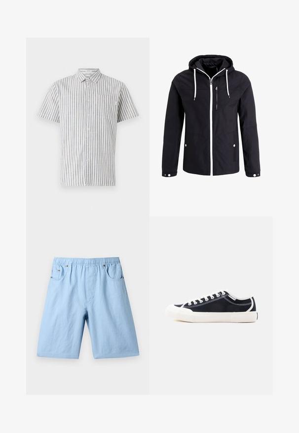 Veste zippée noire avec capuche, cordons blancs, deux poches latérales et une poche poitrine zippée ; elle possède une fermeture éclair blanche contrastante.; Chemise à manches courtes à boutons en rayures verticales blanches et bleues, avec une poche poitrine et un col classique. Tissu en mélange de coton.; Shorts bleu clair avec une taille élastique, deux poches avant et une texture lisse. Fabriqués à partir d'un tissu doux, adaptés à un usage décontracté.; Baskets basses en toile noire avec semelle en caoutchouc blanche, embout, lacets et coutures, vues de côté sur un fond uni.