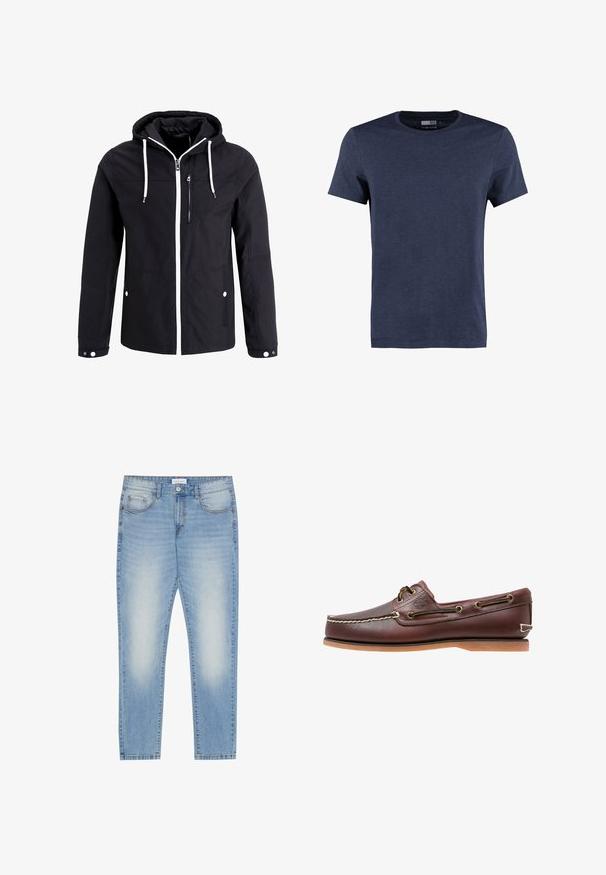 Veste zippée noire avec capuche, cordons blancs, deux poches latérales et une poche poitrine zippée ; elle possède une fermeture éclair blanche contrastante.; T-shirt à manches courtes bleu marine en coton, avec un col rond et une texture douce chinée, sans motifs ni accents visibles.; Jean en denim bleu clair avec une coupe regular, design à cinq poches, légère patine à l'avant et finition jambe droite.; Chaussure bateau en cuir marron avec coutures blanches, détails de lacets et semelle en caoutchouc beige, vue de côté sur fond blanc.