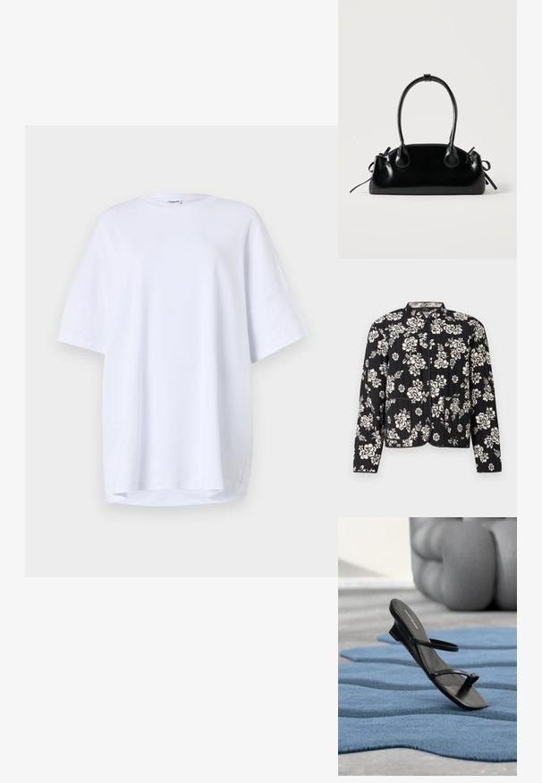 Chaqueta negra acolchada con patrón floral blanco, cuello redondo y dos bolsillos frontales, rematada con un ribete en contraste y cierres a presión.; Camiseta blanca de algodón de manga corta y corte oversize. Cuello redondo, aberturas laterales en el dobladillo y textura suave sin patrones o acentos visibles.; Sandalia negra con tiras y lazo para el dedo en una alfombra texturizada azul, con un gran objeto decorativo gris desenfocado en el fondo.; Pequeño bolso negro brillante con dos asas largas y detalles de cordón lateral sobre un fondo claro liso.