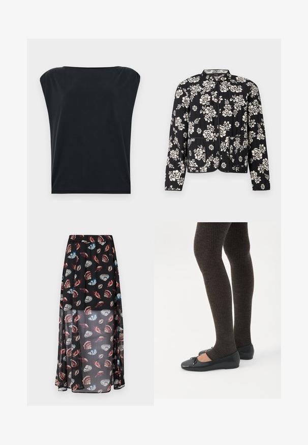 Chaqueta negra acolchada con patrón floral blanco, cuello redondo y dos bolsillos frontales, rematada con un ribete en contraste y cierres a presión.; Camiseta negra de manga corta con corte relajado, que presenta una tela suave y lisa y un escote redondo amplio. Diseño simple y minimalista.; Falda maxi negra y semitranslúcida con cintura elástica, que presenta un estampado de conchas y mariposas multicolores. Tejido ligero y fluido.; Piernas con leggings oscuros acanalados combinados con bailarinas negras que presentan pequeños detalles de lazo sobre un fondo blanco.